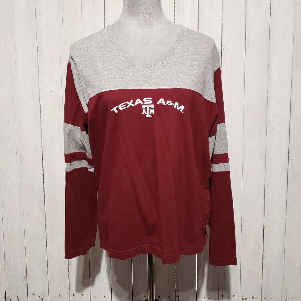 Women's Texas A & M Aggie Knit Top Tee V Neck Long Sleeve TAMU Shirt Maroon